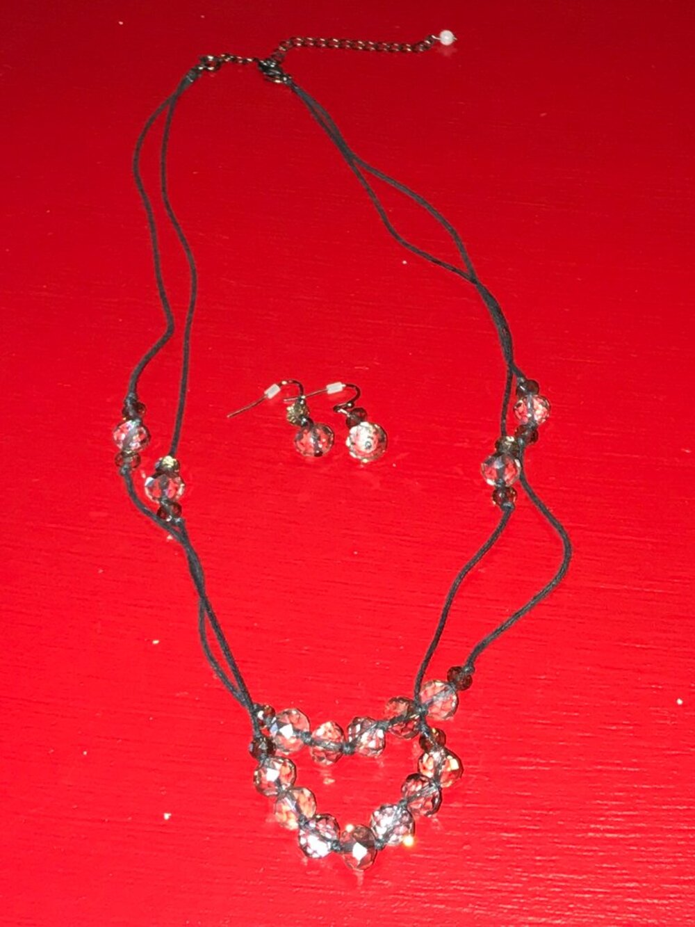 Avon Double Strand Black Cord & Grey Crystal Faceted Bead Necklace and Earrings